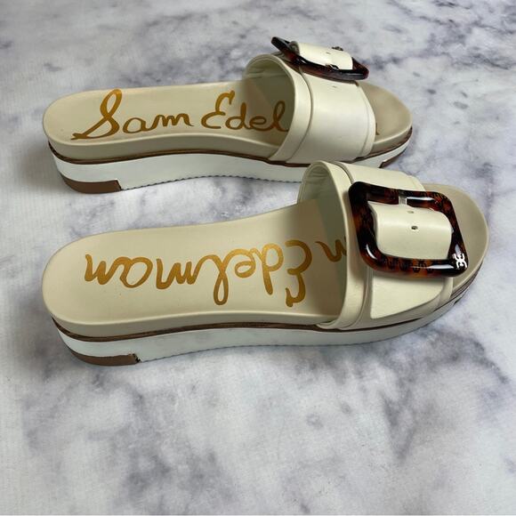 Sam Edelman Ariane Ivory Leather Slide Sandals Tortoise Buckle Sz 9 - Picture 3 of 11